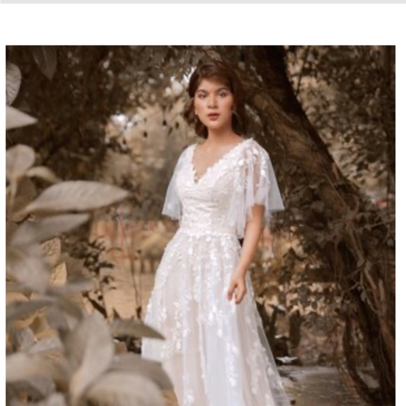 Plus size vintage wedding dress flutter sleeve and open back blush under layer - Picture 2 of 15